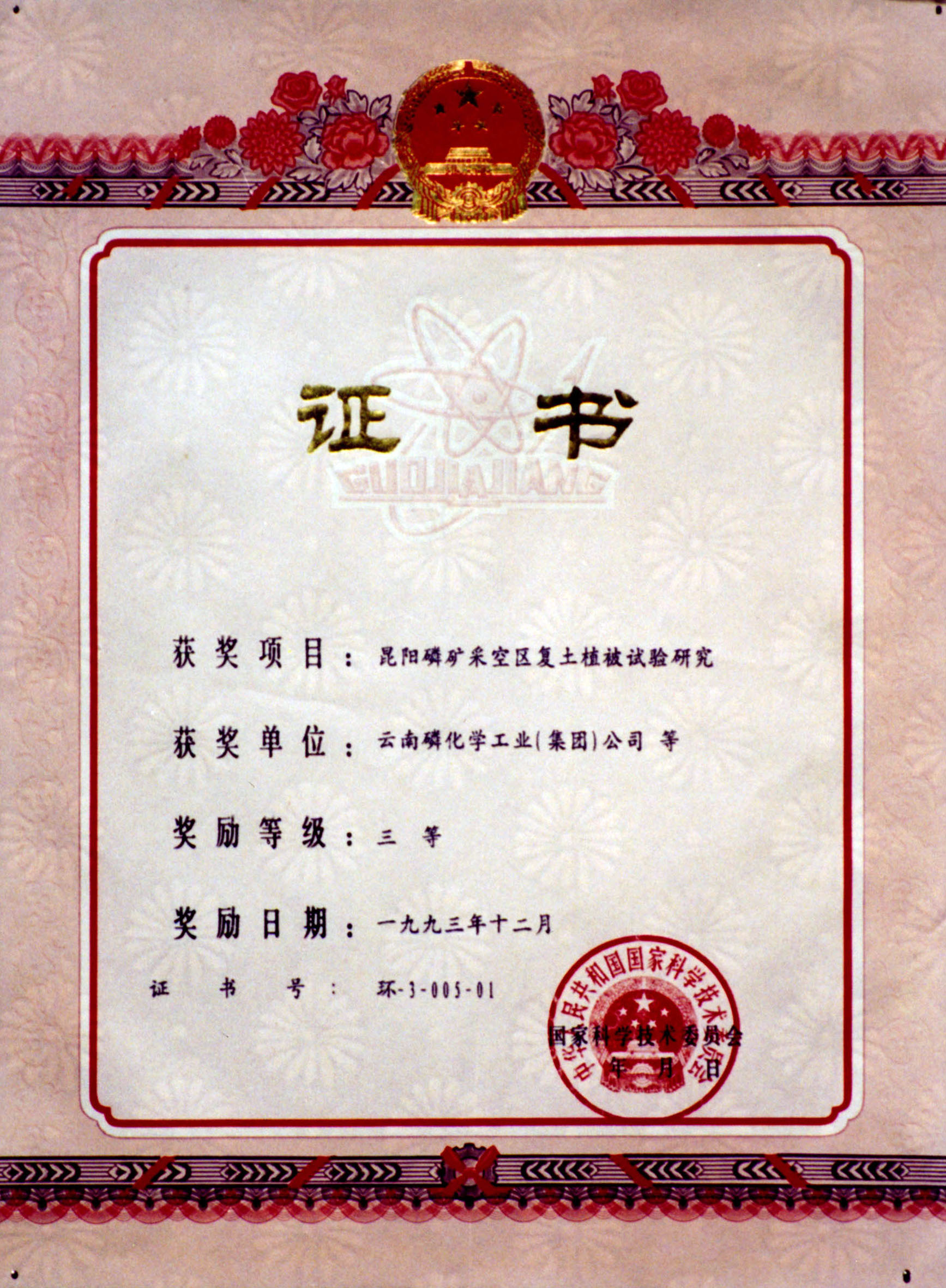 国家科学技术委员会三等奖